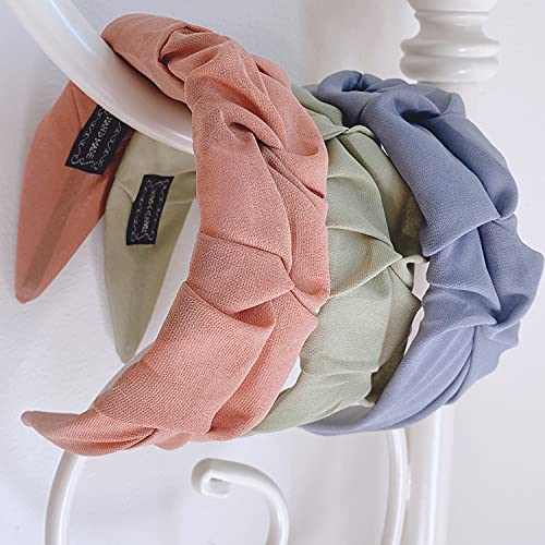 3PCS Plain Cotton Pleated Wide Headbands